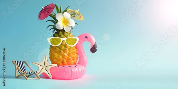 Obraz Pink inflatable flamingo and pineapple in sunglasses. Summer pool float party idea. Summer concept.