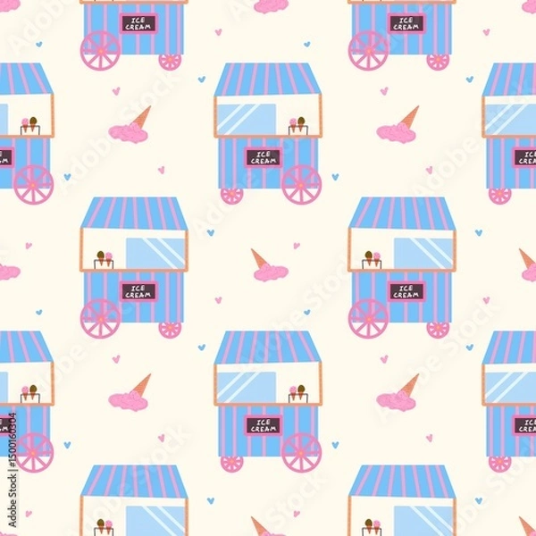 Obraz Seamless pattern with colorful ice cream carts, melting cones, and hearts on a light background. Perfect for kids, summer products, and playful designs.
