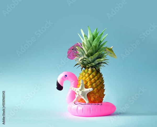 Obraz Pink inflatable flamingo and pineapple. Summer pool float party idea. Summer concept.
