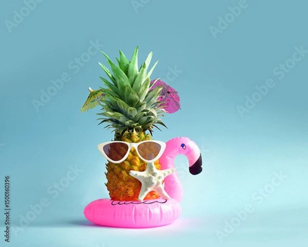 Obraz Pink inflatable flamingo and pineapple in sunglasses. Summer pool float party idea. Summer concept.