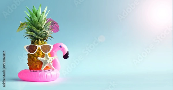 Obraz Pink inflatable flamingo and pineapple in sunglasses. Summer pool float party idea. Summer concept.