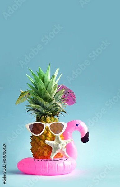 Obraz Pink inflatable flamingo and pineapple in sunglasses. Summer pool float party idea. Summer concept.