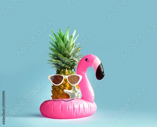 Obraz Pink inflatable flamingo and pineapple in sunglasses. Summer pool float party idea. Summer concept.