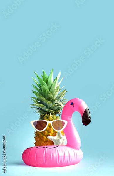 Obraz Pink inflatable flamingo and pineapple in sunglasses. Summer pool float party idea. Summer concept.
