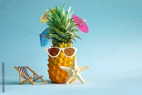 Obraz Starfish and pineapple in sunglasses. Summer pool float party idea. Summer concept.