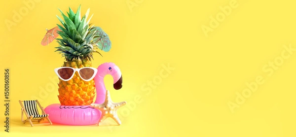 Obraz Pink inflatable flamingo and pineapple in sunglasses. Summer pool float party idea. Summer concept.