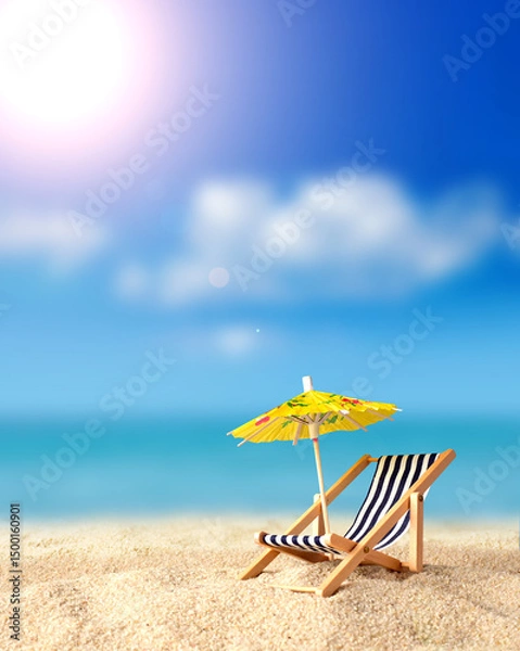 Obraz Beach chairs on the gold sand beach with umbrella, cloudy blue sky and sun