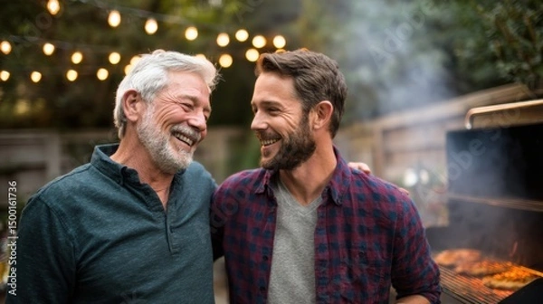 Obraz Happy father and adult son enjoying a backyard barbecue with warm lights in the background perfect for father's day