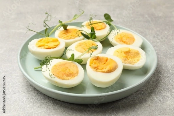 Fototapeta Hard boiled eggs with microgreens on grey table, closeup