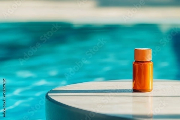 Fototapeta A vibrant orange sunscreen bottle sits on a smooth poolside table surrounded by sunlight. The clear blue water is visible in the background, enhancing the summer relaxation vibe