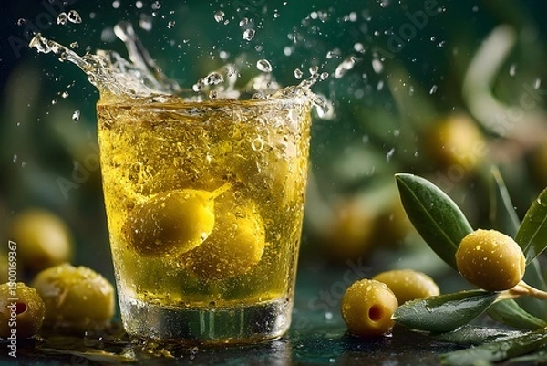 Fototapeta Glass of olive oil is splashed with water, and there are several olives on the table