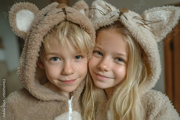 Fototapeta Two young children wearing bear and cat costumes are smiling at the camera. Scene is lighthearted and playful