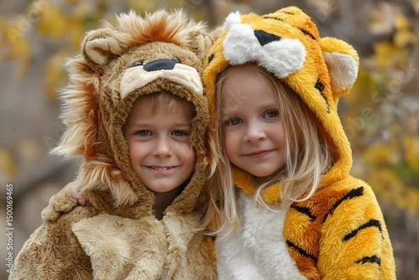 Fototapeta Two children wearing animal costumes, one is a lion and the other is a tiger. They are smiling and posing for a picture