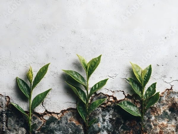 Fototapeta Three green leaves are on a wall. The leaves are on a wall that is made of concrete