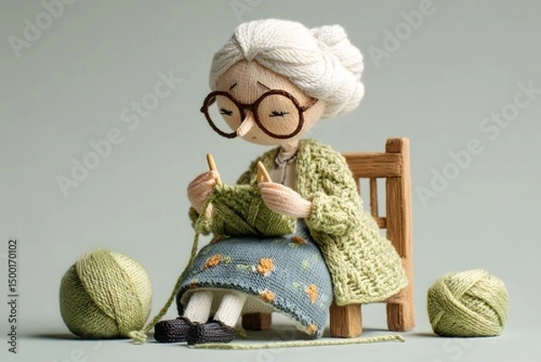 Fototapeta Woman is knitting a sweater while sitting on a chair. The scene is peaceful and calming, as the woman focuses on her knitting. The yarn and knitting needles are scattered around her