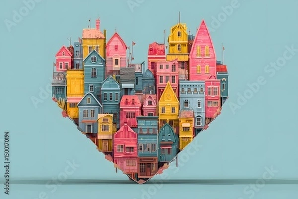 Fototapeta Heart made of colorful buildings. The heart is made of many different colored buildings, including pink, blue, yellow, and green