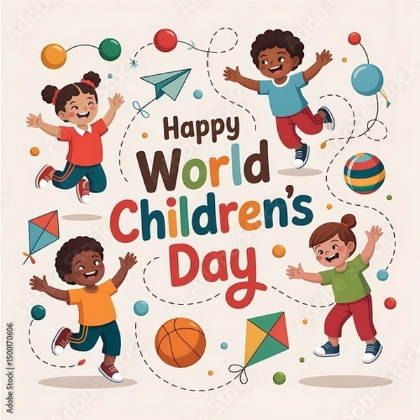 Fototapeta Happy World Children’s Day with Diverse Kids Playing and Kites