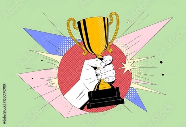 Fototapeta Hand Holding Golden Trophy Award with Colorful Starburst Background
