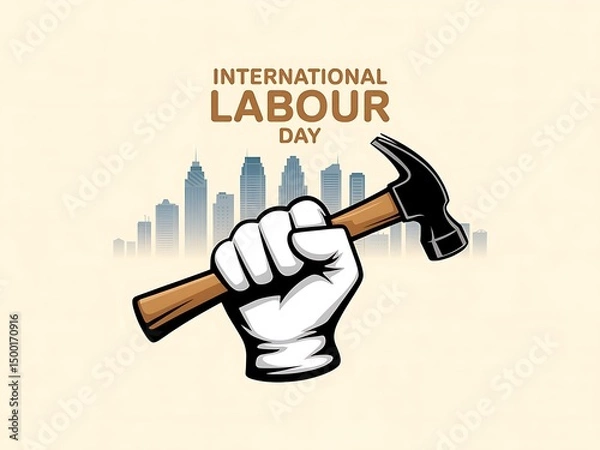 Fototapeta International Labour Day Graphic with Raised Fist and City Skyline