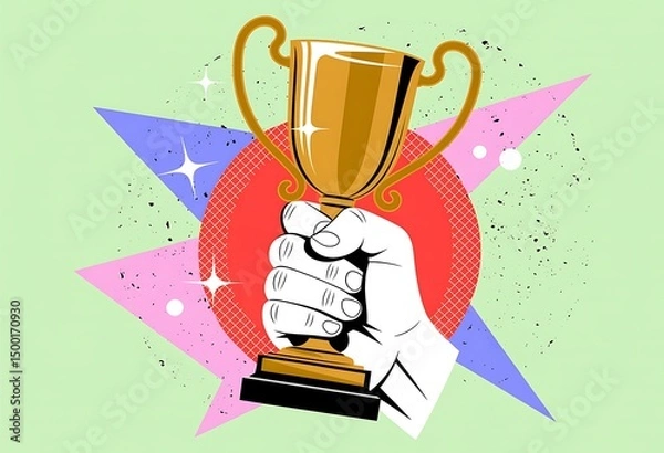 Fototapeta Hand Holding Golden Trophy Award with Colorful Starburst Background