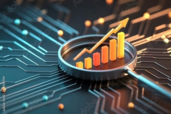 Fototapeta Magnifying Glass Focusing on Increasing Bar Chart on Circuit Board