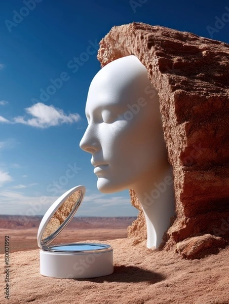 Fototapeta Desert serenity Woman's head, mirror, open box, canyon