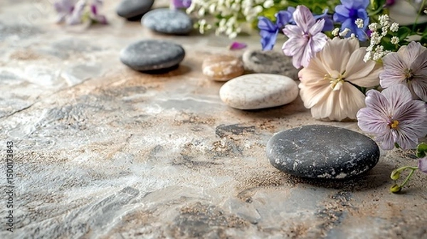 Fototapeta Smooth stones and delicate flowers arranged on a textured surface.  Spa-like serenity