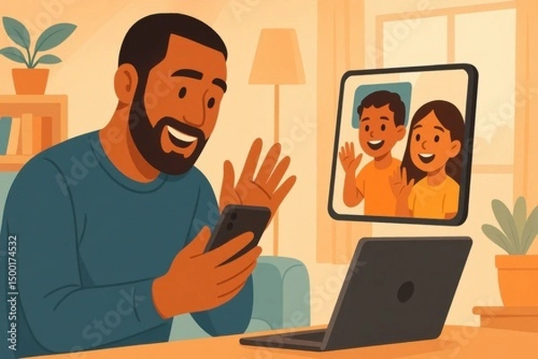 Obraz Father video calling with children using smartphone and laptop