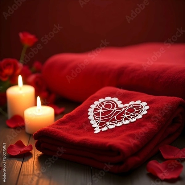 Fototapeta Red and white towels with heart and candle with red decor