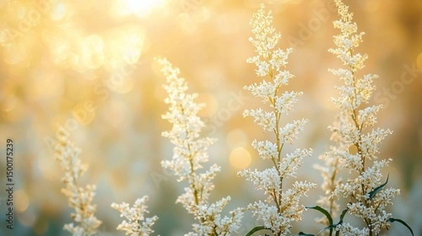 Fototapeta Soft golden light illuminates delicate white wildflowers in a field, creating a peaceful and serene natural scene