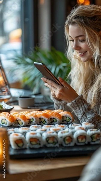 Fototapeta Woman enjoys sushi while using tablet at cafe