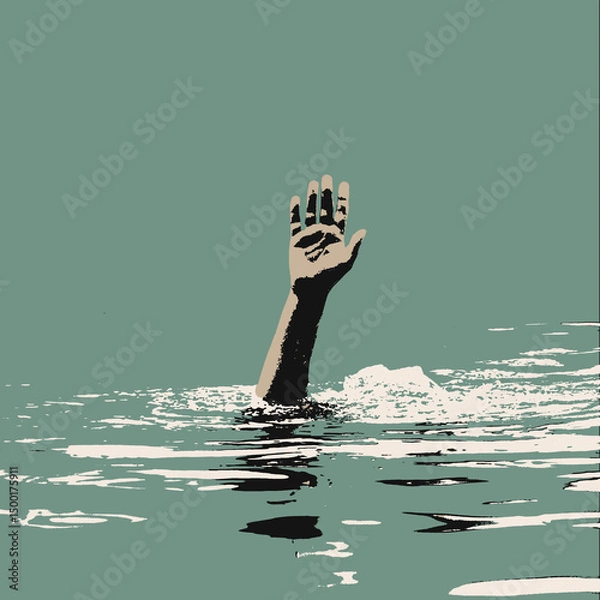 Obraz A Hand Reaching from the Sea – Illustration of Drowning, Migration, and Social Crisis in the Mediterranean