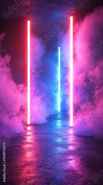 Fototapeta Neon lights illuminate a smoky, dark space, creating a vibrant, atmospheric scene. Reflections shimmer on the wet floor