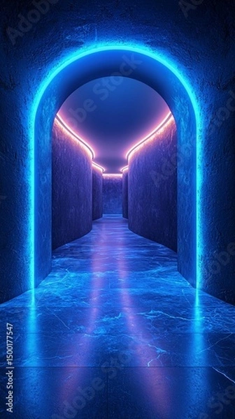 Fototapeta Neon-lit archway leads to a glowing, curved corridor. Reflective floor enhances the vibrant blue and pink lighting