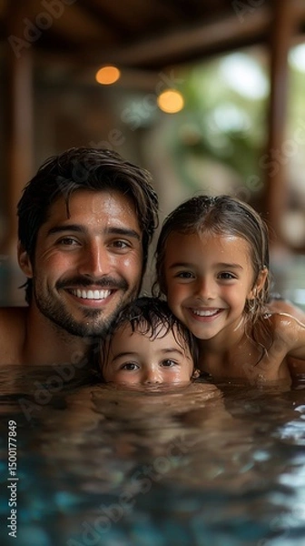 Fototapeta Happy family enjoying a relaxing pool time together