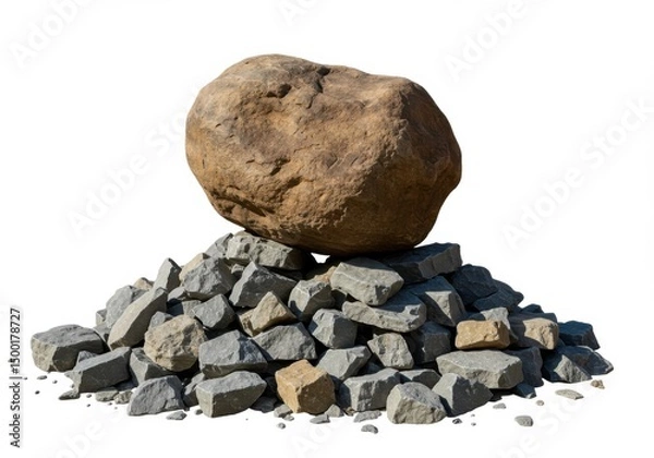 Fototapeta Large brown boulder resting on a pile of gray and brown rocks