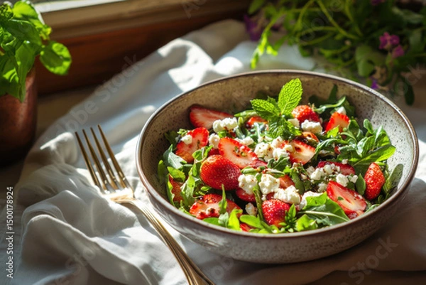 Fototapeta Healthy summer salad with strawberries arugula feta and fresh. Summer meal. 