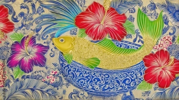 Fototapeta Goldfish, Hibiscus, Floral, Asian, Painting, Detail, Texture, Background