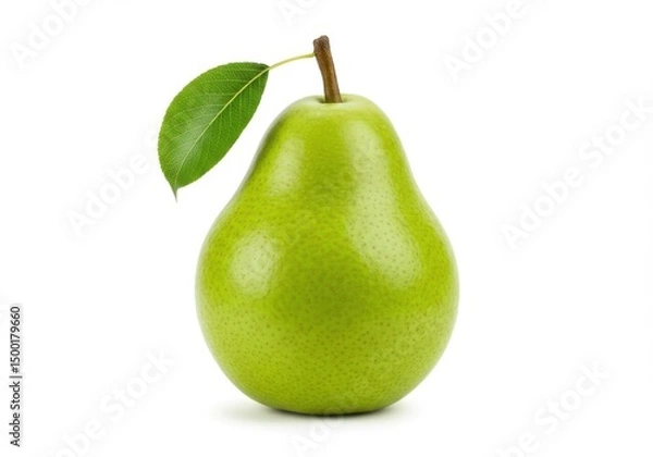 Fototapeta Single green pear with leaf isolated on white background