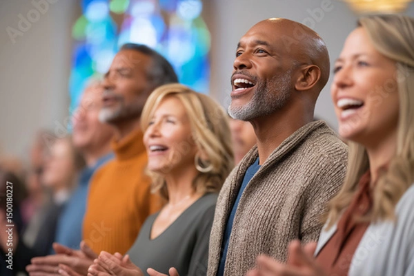 Fototapeta A diverse group of people of varying ages singing together in what appears to be a church, with stained glass in the background