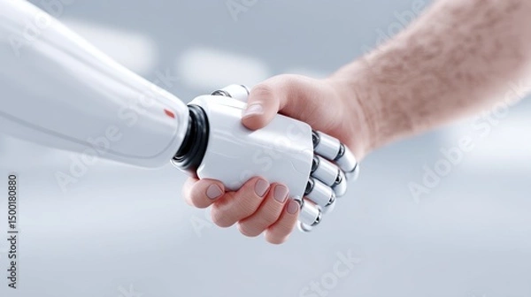 Fototapeta Human-robot handshake; future tech collaboration