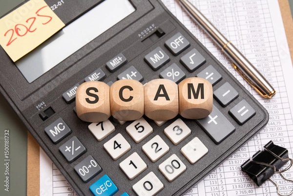 Obraz Wooden cubes with the word SCAM on calculator concept of financial fraud or deception.