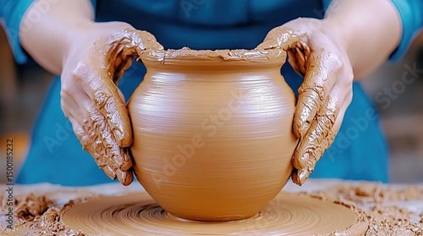 Fototapeta Close-up of a woman potter hands crafting a clay pot on a pottery wheel, working in a studio at home or in a workshop.