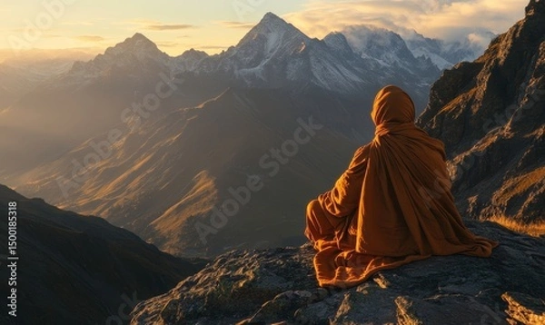 Fototapeta Monk Meditating on Mountaintop at Sunrise