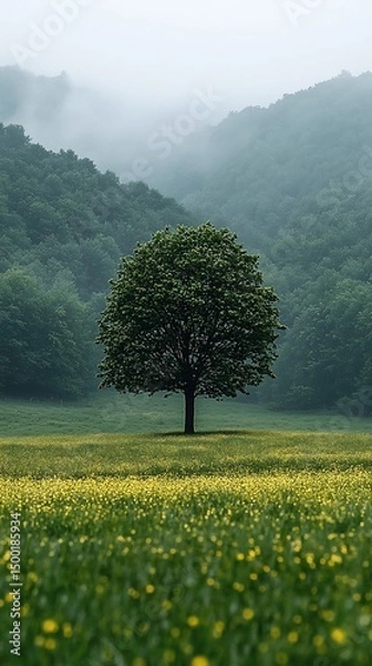 Fototapeta Solitary tree stands in a vibrant yellow meadow, misty mountains form a dramatic backdrop