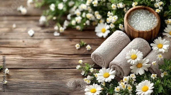 Fototapeta Spa setting with rolled towels, chamomile flowers, and bath salts on rustic wood