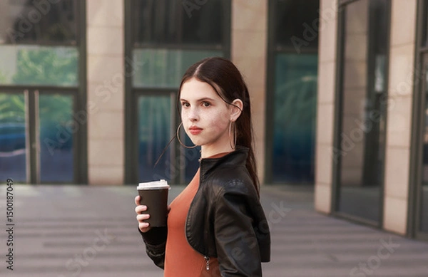 Fototapeta A girl walks through a modern city.