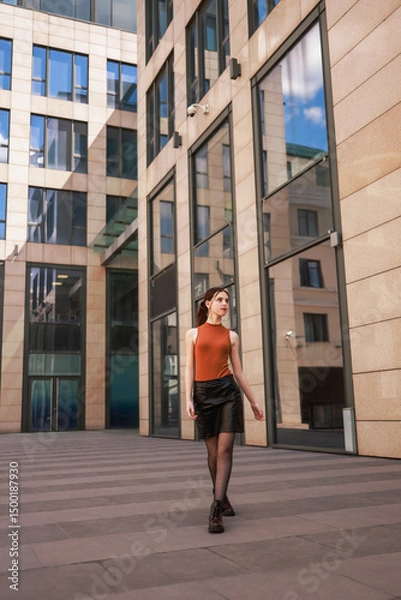 Fototapeta A girl walks through a modern city.