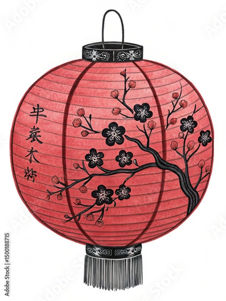 Fototapeta Hand-drawn red japanese lantern with black sakura graphic