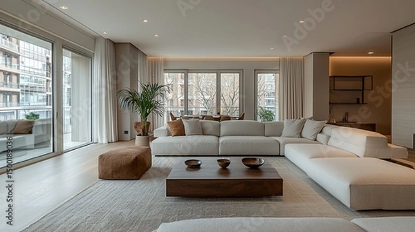 Fototapeta Spacious, modern living room with large windows, neutral tones, and comfortable sectional sofa.  Minimalist design features wooden coffee table and plush seating